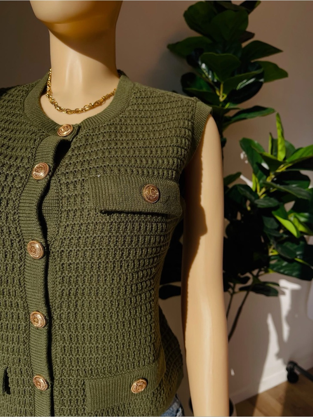 Olive Green Button-Front Knit Vest - Picture 2 of 2